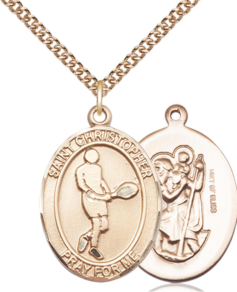 14kt Gold Filled Saint Christopher Tennis Pendant on a 24 inch Gold Filled Heavy Curb chain