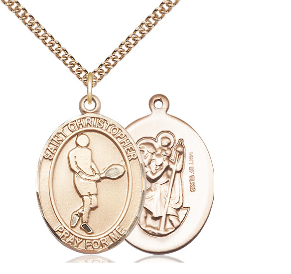 14kt Gold Filled Saint Christopher Tennis Pendant on a 24 inch Gold Filled Heavy Curb chain