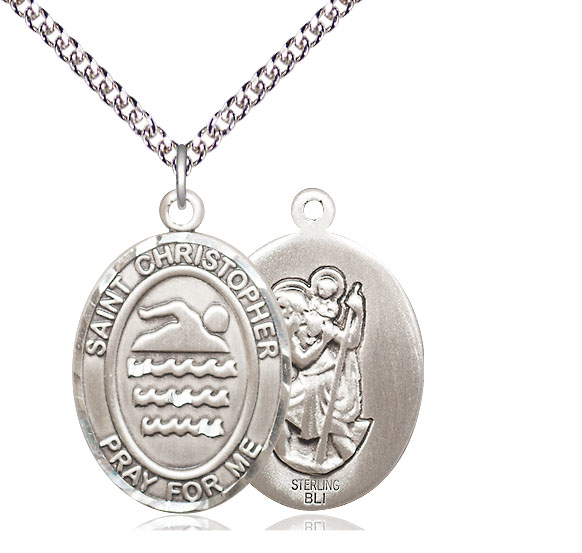 Sterling Silver Saint Christopher Swimming Pendant on a 24 inch Sterling Silver Heavy Curb chain