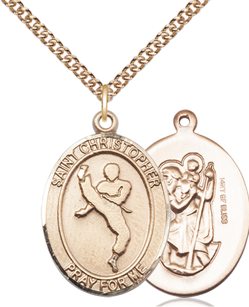 14kt Gold Filled Saint Christopher Martial Arts Pendant on a 24 inch Gold Filled Heavy Curb chain