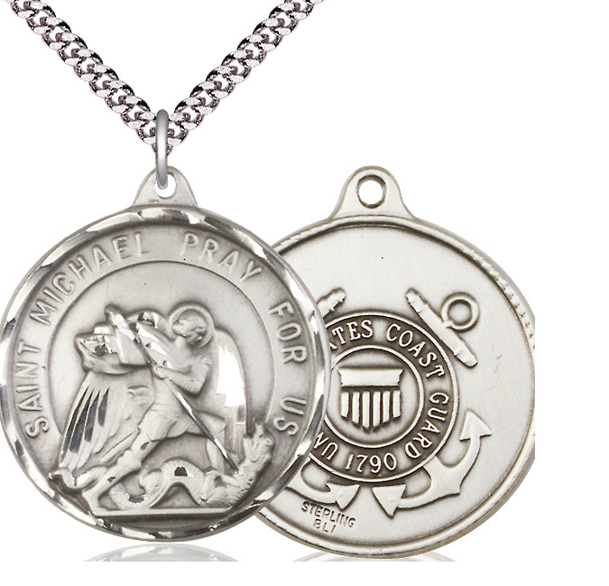 Sterling Silver Saint Michael Coast Guard Pendant on a 24 inch Light Rhodium Heavy Curb chain