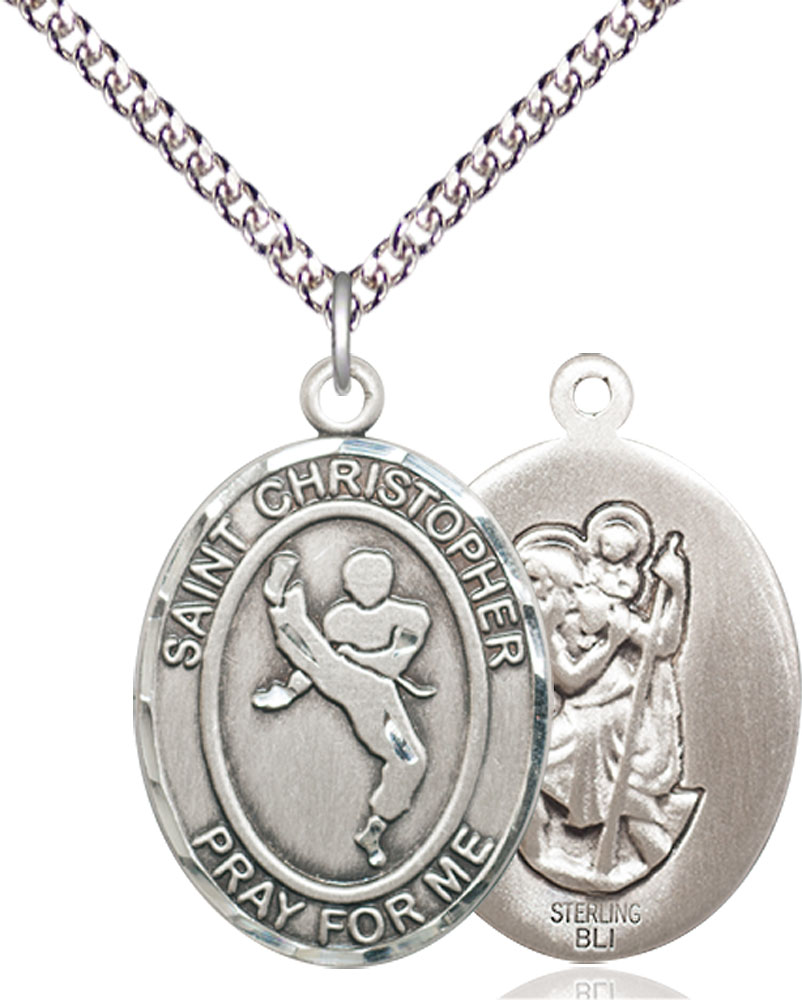 Sterling Silver Saint Christopher Martial Arts Pendant on a 24 inch Sterling Silver Heavy Curb chain