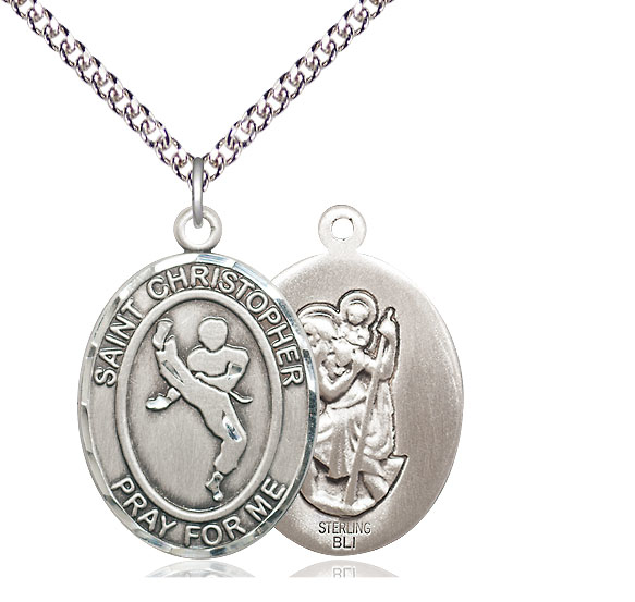 Sterling Silver Saint Christopher Martial Arts Pendant on a 24 inch Sterling Silver Heavy Curb chain