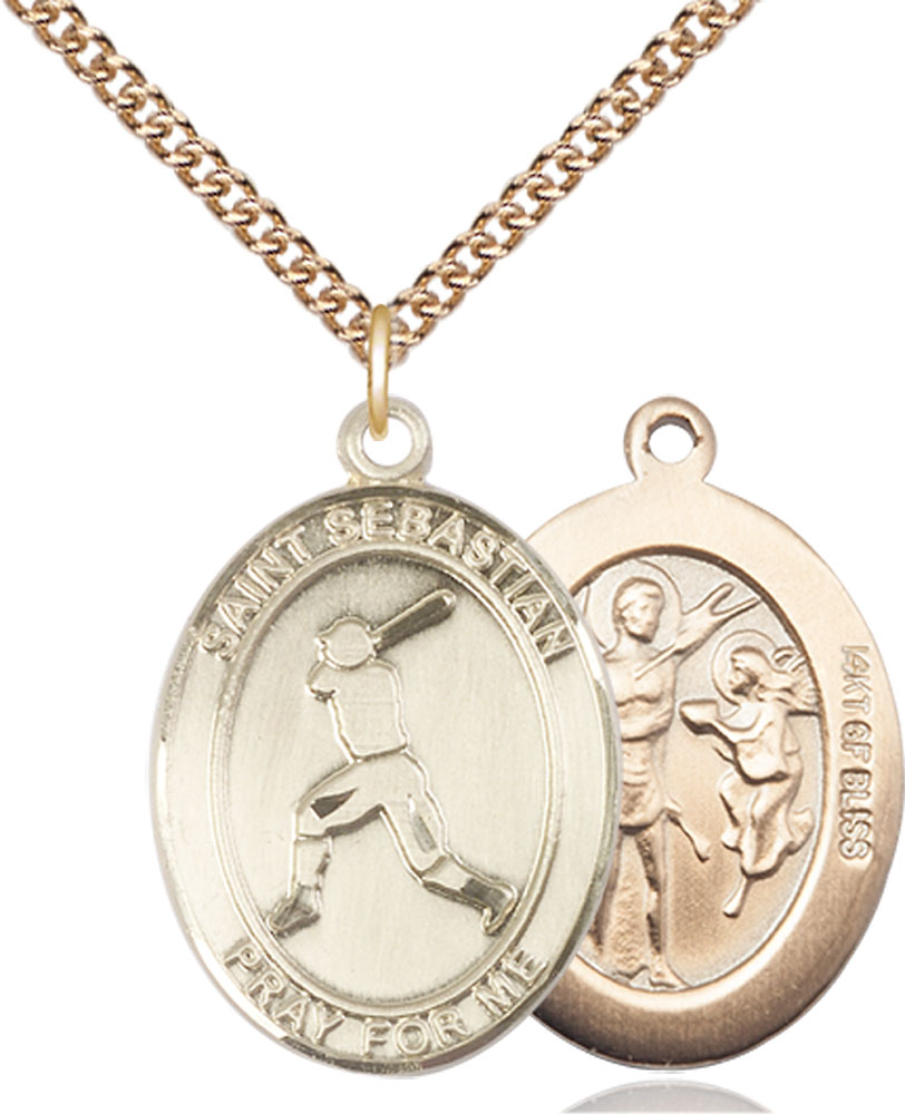 14kt Gold Filled Saint Sebastian Baseball Pendant on a 24 inch Gold Filled Heavy Curb chain