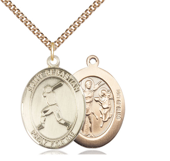 14kt Gold Filled Saint Sebastian Baseball Pendant on a 24 inch Gold Filled Heavy Curb chain