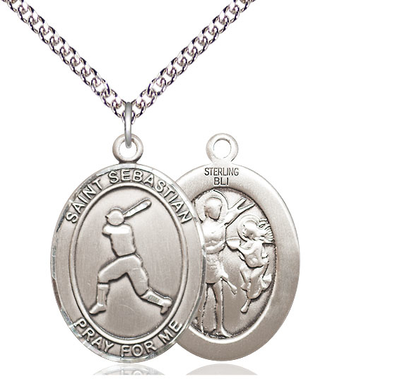 Sterling Silver Saint Sebastian Baseball Pendant on a 24 inch Sterling Silver Heavy Curb chain