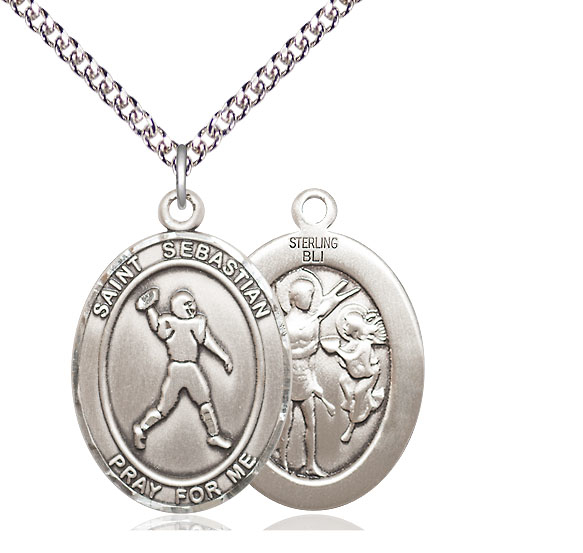 Sterling Silver Saint Sebastian Football Pendant on a 24 inch Sterling Silver Heavy Curb chain