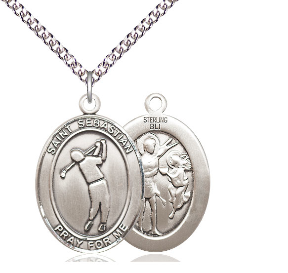 Sterling Silver Saint Sebastian Golf Pendant on a 24 inch Sterling Silver Heavy Curb chain