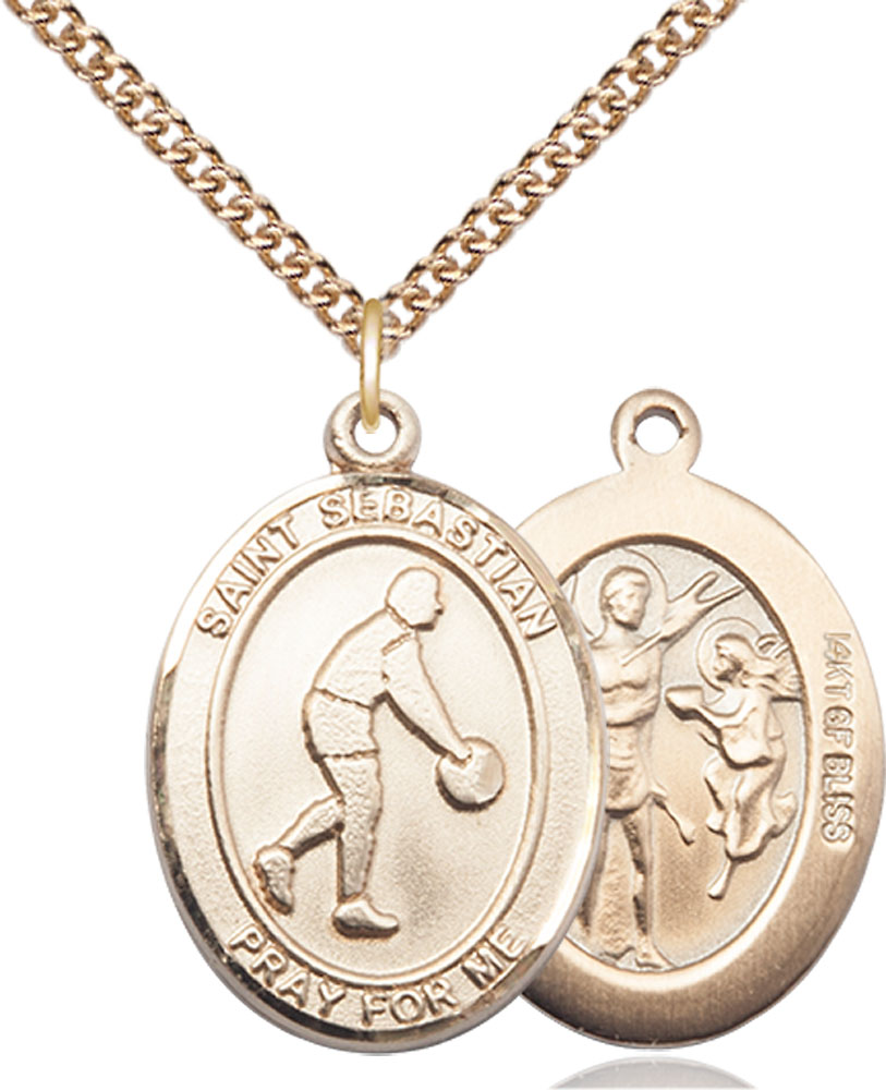 14kt Gold Filled Saint Sebastian Basketball Pendant on a 24 inch Gold Filled Heavy Curb chain