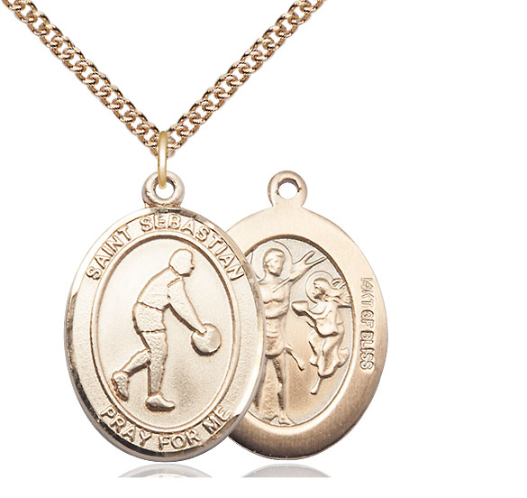 14kt Gold Filled Saint Sebastian Basketball Pendant on a 24 inch Gold Filled Heavy Curb chain