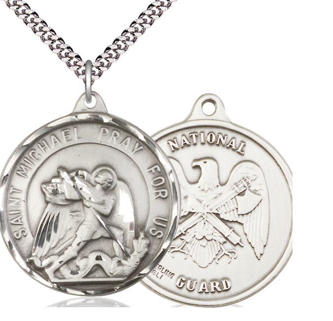 Sterling Silver Saint Michael National Guard Pendant on a 24 inch Light Rhodium Heavy Curb chain