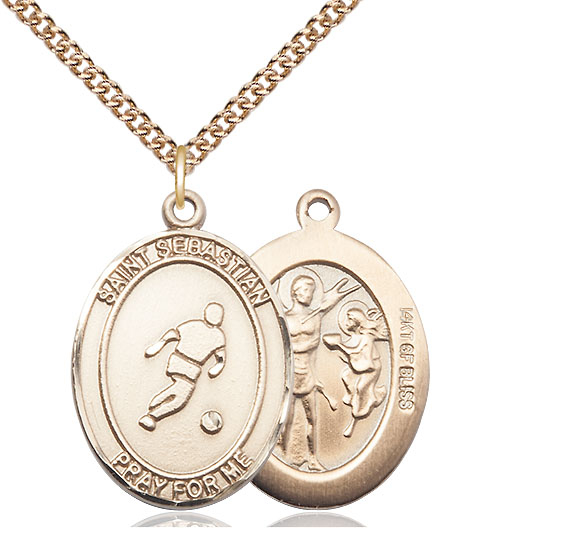 14kt Gold Filled Saint Sebastian Soccer Pendant on a 24 inch Gold Filled Heavy Curb chain