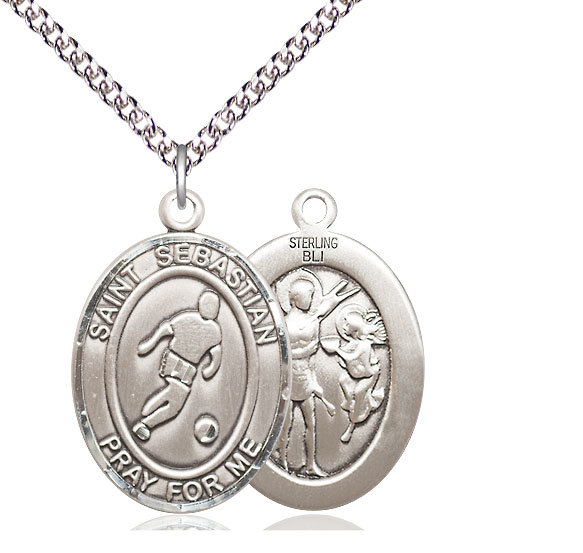 Sterling Silver Saint Sebastian Soccer Pendant on a 24 inch Sterling Silver Heavy Curb chain