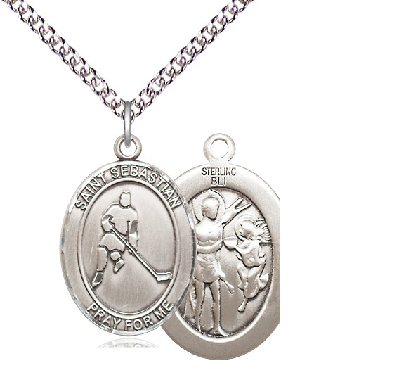 Sterling Silver Saint Sebastian Ice Hockey Pendant on a 24 inch Sterling Silver Heavy Curb chain