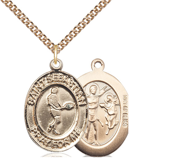 14kt Gold Filled Saint Sebastian Tennis Pendant on a 24 inch Gold Filled Heavy Curb chain