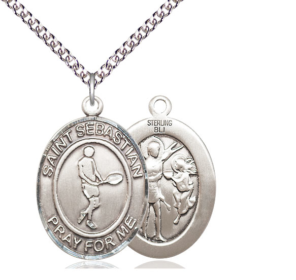 Sterling Silver Saint Sebastian Tennis Pendant on a 24 inch Sterling Silver Heavy Curb chain