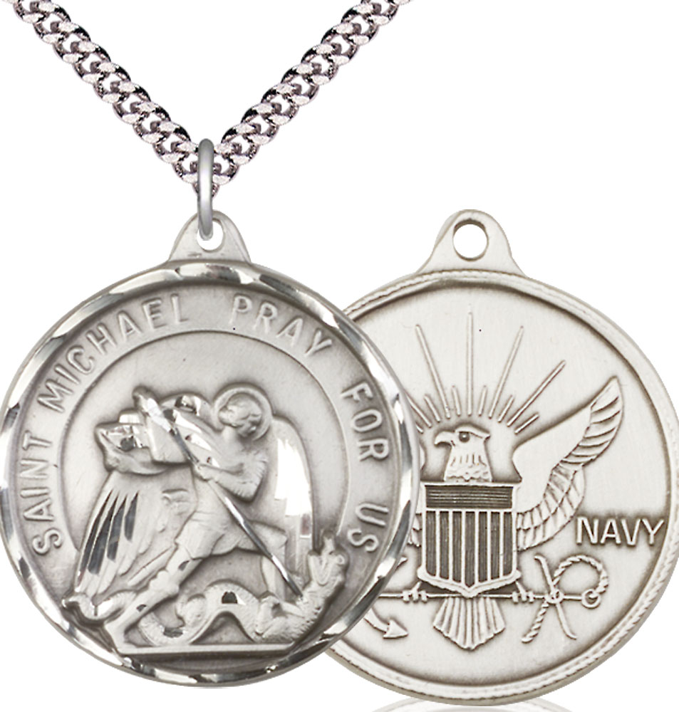 Sterling Silver Saint Michael Navy Pendant on a 24 inch Light Rhodium Heavy Curb chain