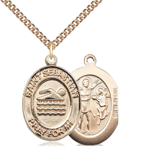 14kt Gold Filled Saint Sebastian Swimming Pendant on a 24 inch Gold Filled Heavy Curb chain
