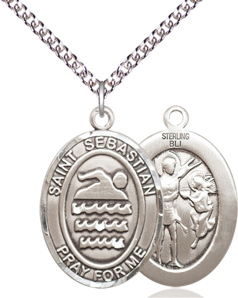Sterling Silver Saint Sebastian Swimming Pendant on a 24 inch Sterling Silver Heavy Curb chain