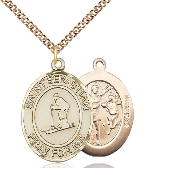 14kt Gold Filled Saint Sebastian Skiing Pendant on a 24 inch Gold Filled Heavy Curb chain