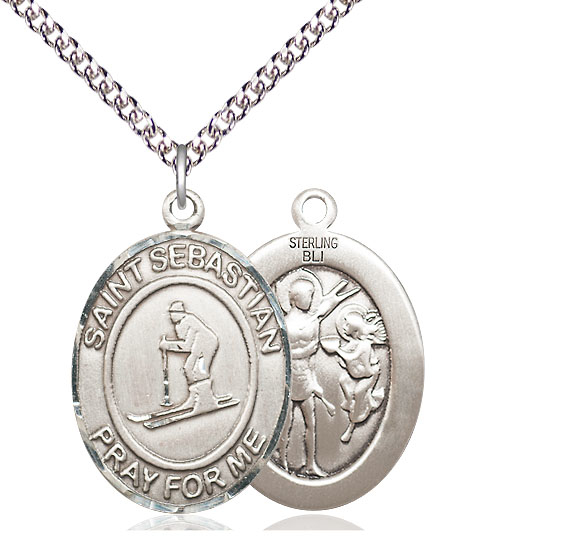 Sterling Silver Saint Sebastian Skiing Pendant on a 24 inch Sterling Silver Heavy Curb chain