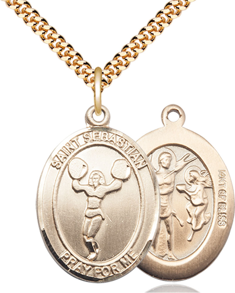 14kt Gold Filled Saint Sebastian Cheerleading Pendant on a 24 inch Gold Filled Heavy Curb chain