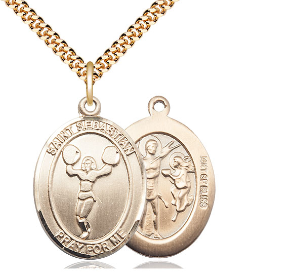 14kt Gold Filled Saint Sebastian Cheerleading Pendant on a 24 inch Gold Filled Heavy Curb chain