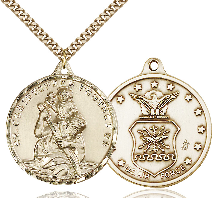 14kt Gold Filled Saint Christopher Air Force Pendant on a 24 inch Gold Plate Heavy Curb chain