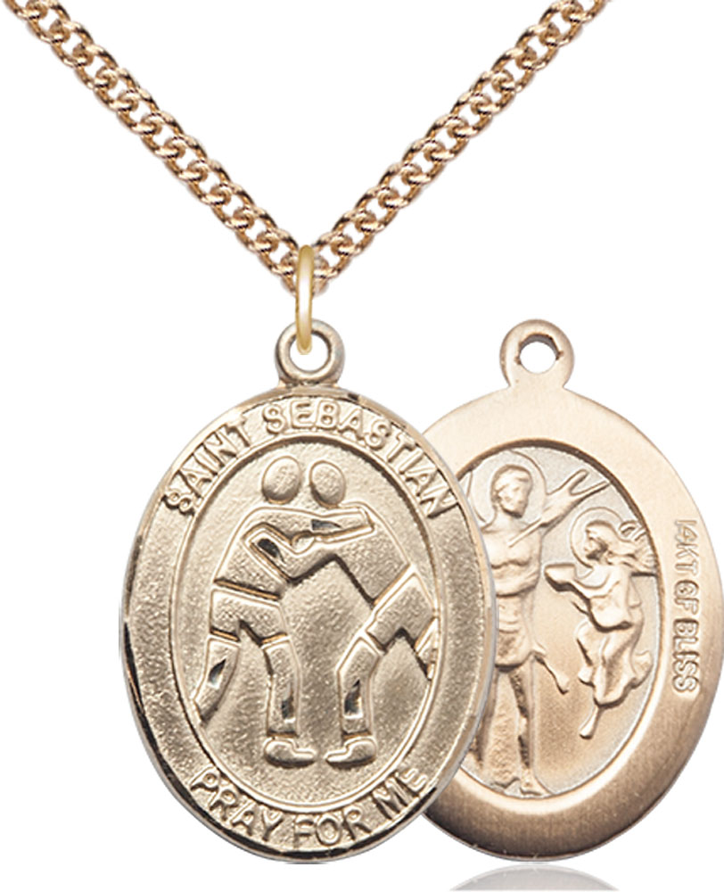 14kt Gold Filled Saint Sebastian Wrestling Pendant on a 24 inch Gold Filled Heavy Curb chain