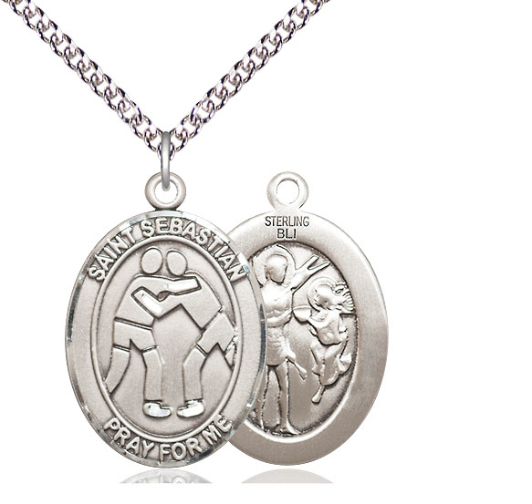 Sterling Silver Saint Sebastian Wrestling Pendant on a 24 inch Sterling Silver Heavy Curb chain