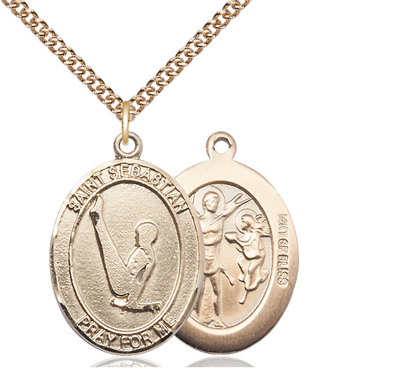 14kt Gold Filled Saint Sebastian Gymnastics Pendant on a 24 inch Gold Filled Heavy Curb chain