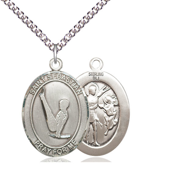 Sterling Silver Saint Sebastian Gymnastics Pendant on a 24 inch Sterling Silver Heavy Curb chain