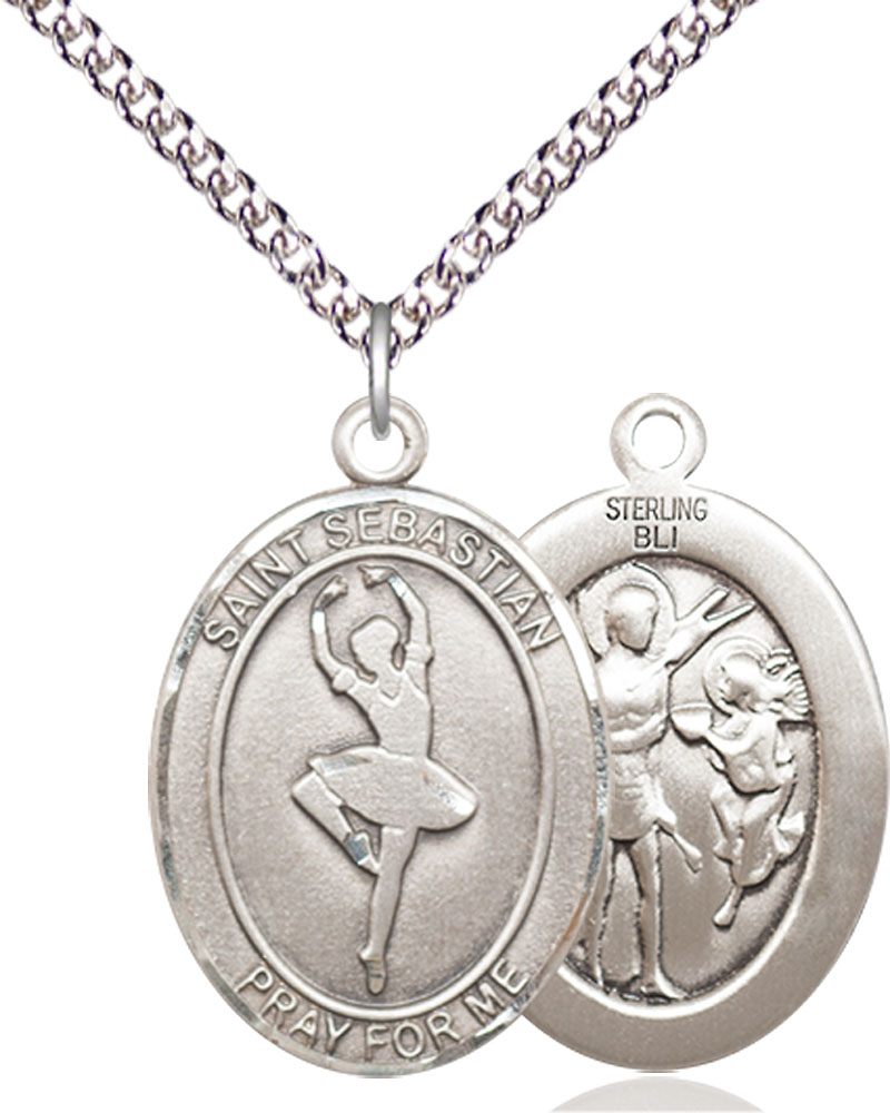 Sterling Silver Saint Sebastian Dance Pendant on a 24 inch Sterling Silver Heavy Curb chain