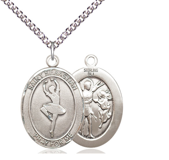 Sterling Silver Saint Sebastian Dance Pendant on a 24 inch Sterling Silver Heavy Curb chain