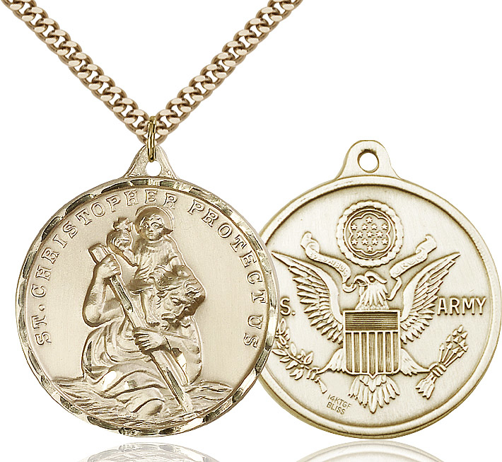 14kt Gold Filled Saint Christopher Army Pendant on a 24 inch Gold Plate Heavy Curb chain