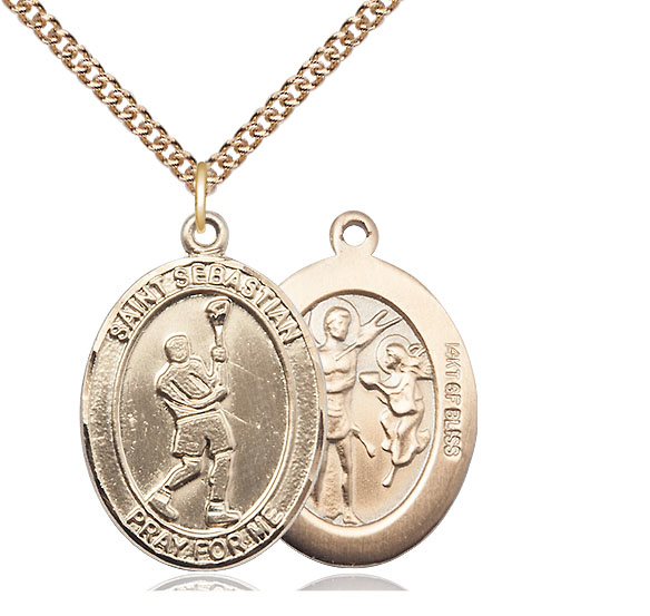 14kt Gold Filled Saint Sebastian Lacrosse Pendant on a 24 inch Gold Filled Heavy Curb chain