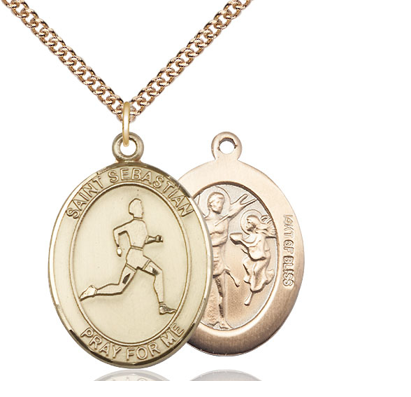 14kt Gold Filled Saint Sebastian Track and Field Pendant on a 24 inch Gold Filled Heavy Curb chain