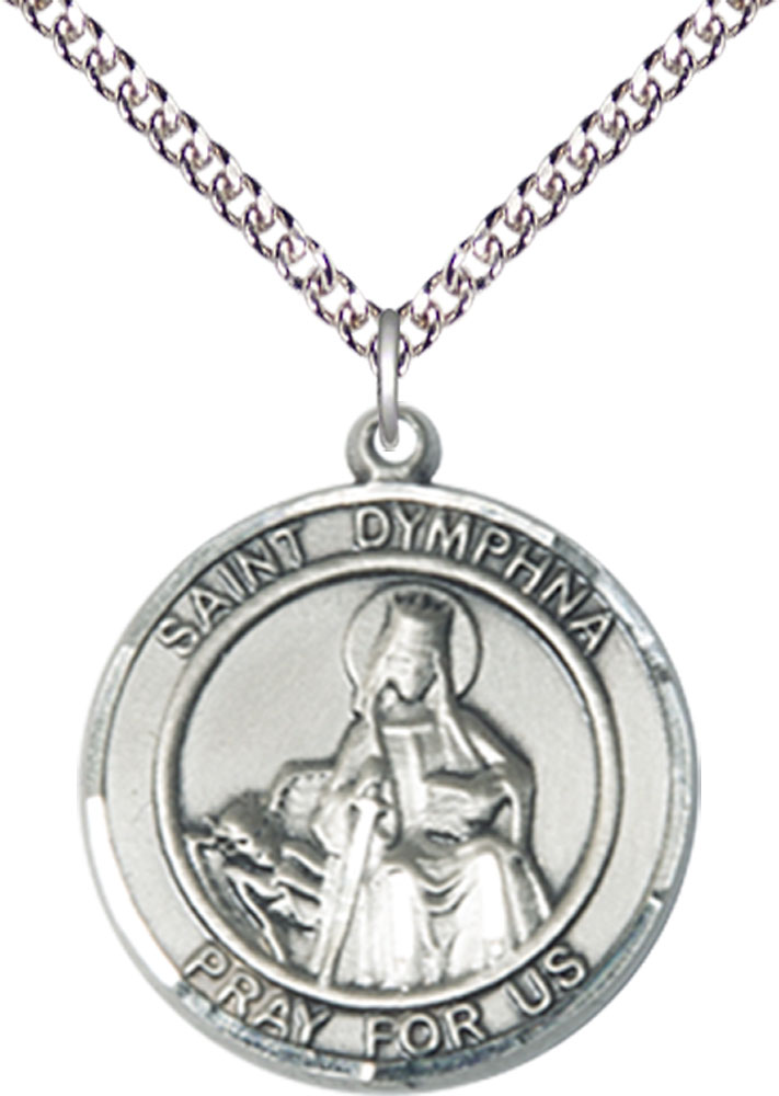 Sterling Silver Saint Dymphna Pendant on a 24 inch Sterling Silver Heavy Curb chain