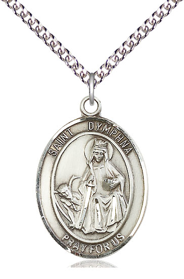Sterling Silver Saint Dymphna Pendant on a 24 inch Sterling Silver Heavy Curb chain