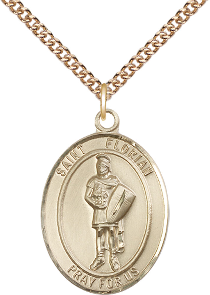 14kt Gold Filled Saint Florian Pendant on a 24 inch Gold Filled Heavy Curb chain