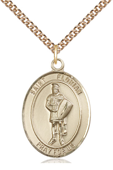 14kt Gold Filled Saint Florian Pendant on a 24 inch Gold Filled Heavy Curb chain