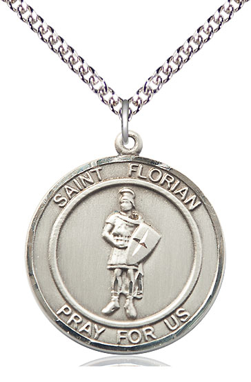 Sterling Silver Saint Florian Pendant on a 24 inch Sterling Silver Heavy Curb chain