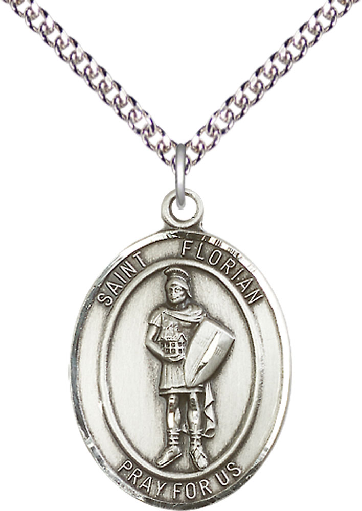 Sterling Silver Saint Florian Pendant on a 24 inch Sterling Silver Heavy Curb chain