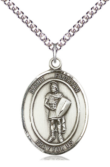 Sterling Silver Saint Florian Pendant on a 24 inch Sterling Silver Heavy Curb chain