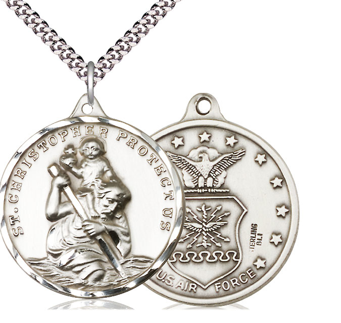 Sterling Silver Saint Christopher Air Force Pendant on a 24 inch Light Rhodium Heavy Curb chain