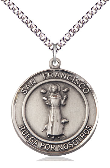 Sterling Silver San Francis of Assisi Pendant on a 24 inch Sterling Silver Heavy Curb chain