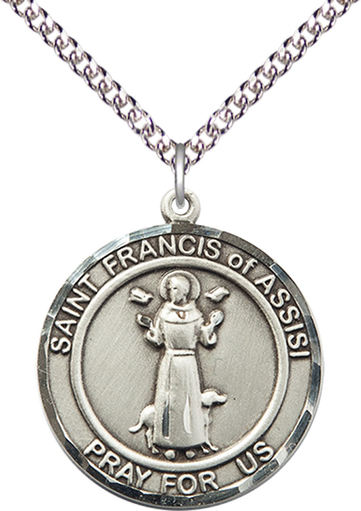 Sterling Silver Saint Francis of Assisi Pendant on a 24 inch Sterling Silver Heavy Curb chain