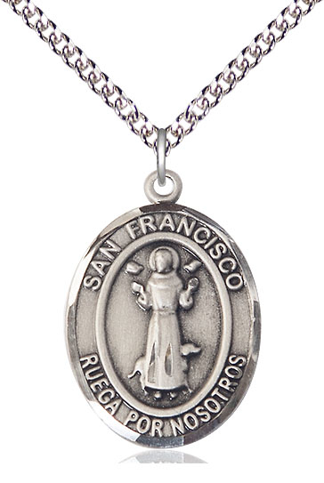 Sterling Silver San Francis Pendant on a 24 inch Sterling Silver Heavy Curb chain