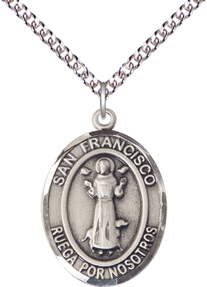 Sterling Silver San Francis Pendant on a 24 inch Sterling Silver Heavy Curb chain