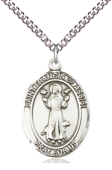 Sterling Silver Saint Francis of Assisi Pendant on a 24 inch Sterling Silver Heavy Curb chain